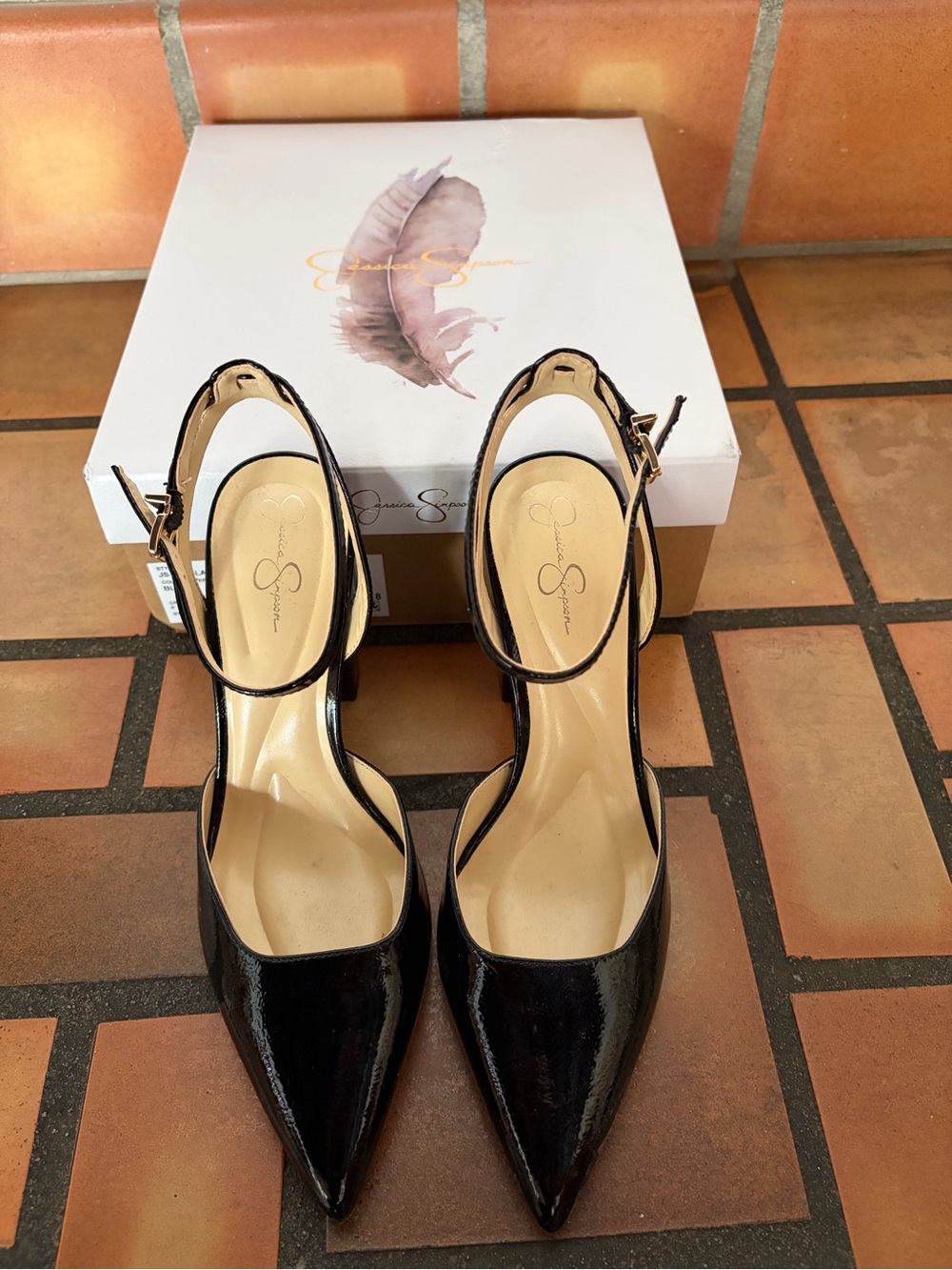 Jessica Simpson Black Patent Pointed Toe Ankle-Strap Block Heels - Picture 3 of 4